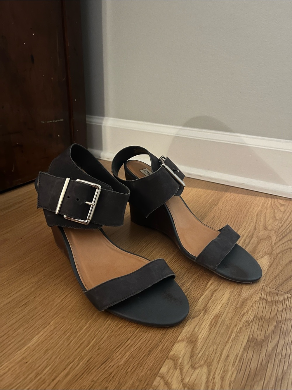 Steven By Steve Madden Grey Suede Buckle Ankle Strap Wedges